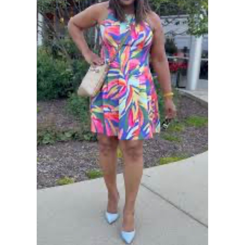 Vince Camuto Multi Color Tropical Leaf Halter Fit Flare Dress size‎ 12 feminine - Picture 9 of 9